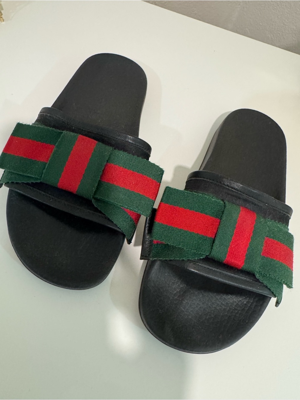Black Slide Sandals with Green and Red Bow Straps